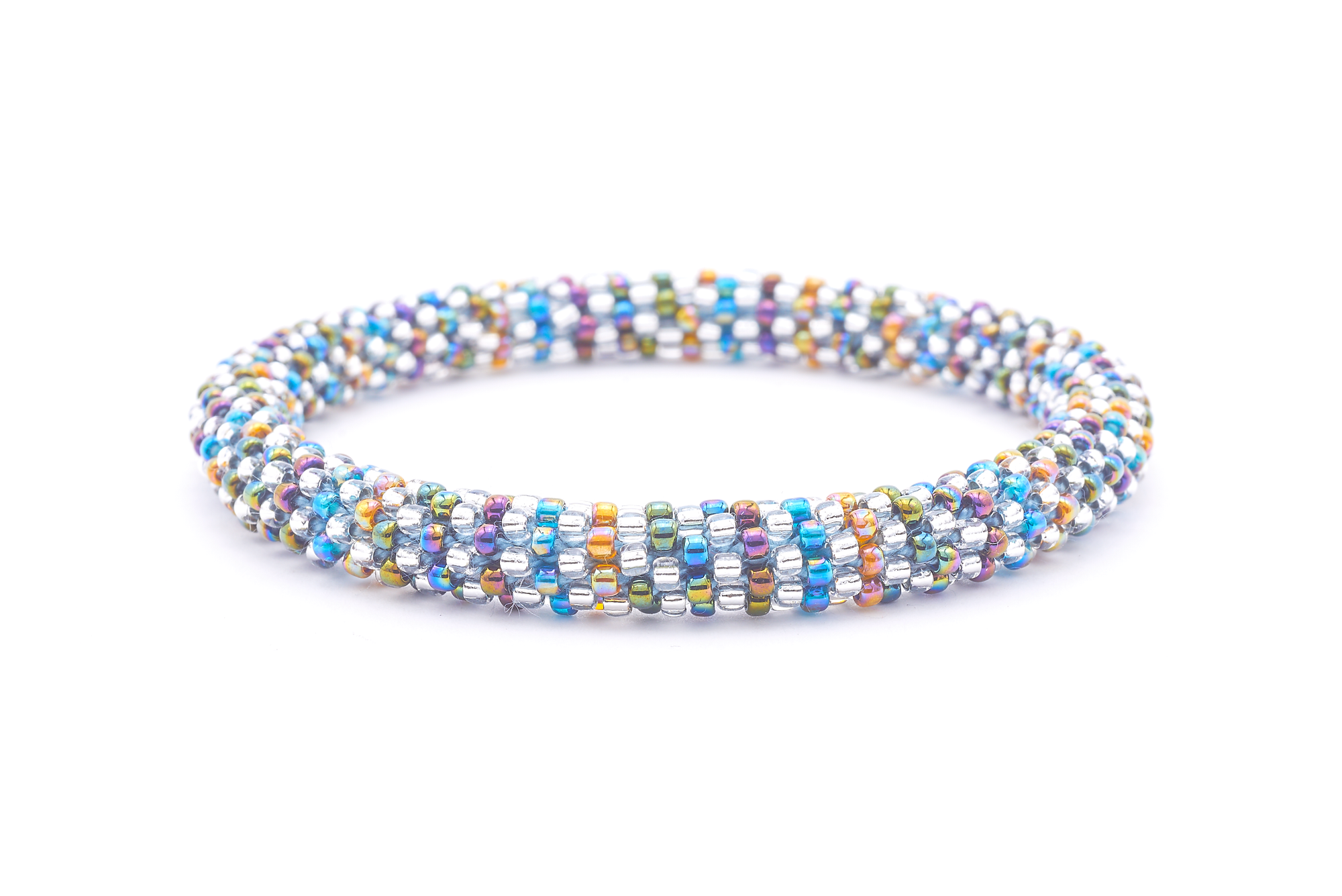 Sashka Co. handmade glass beaded friendship bracelet with silver, iridescent teal, iridescent green, iridescent purple, and iridescent orange glass beads. Crafted in Nepal by skilled artisans.