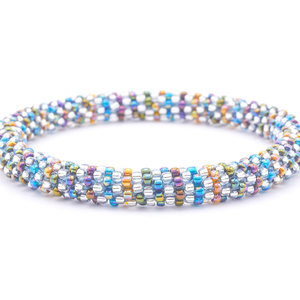 Sashka Co. handmade glass beaded friendship bracelet with silver, iridescent teal, iridescent green, iridescent purple, and iridescent orange glass beads. Crafted in Nepal by skilled artisans.