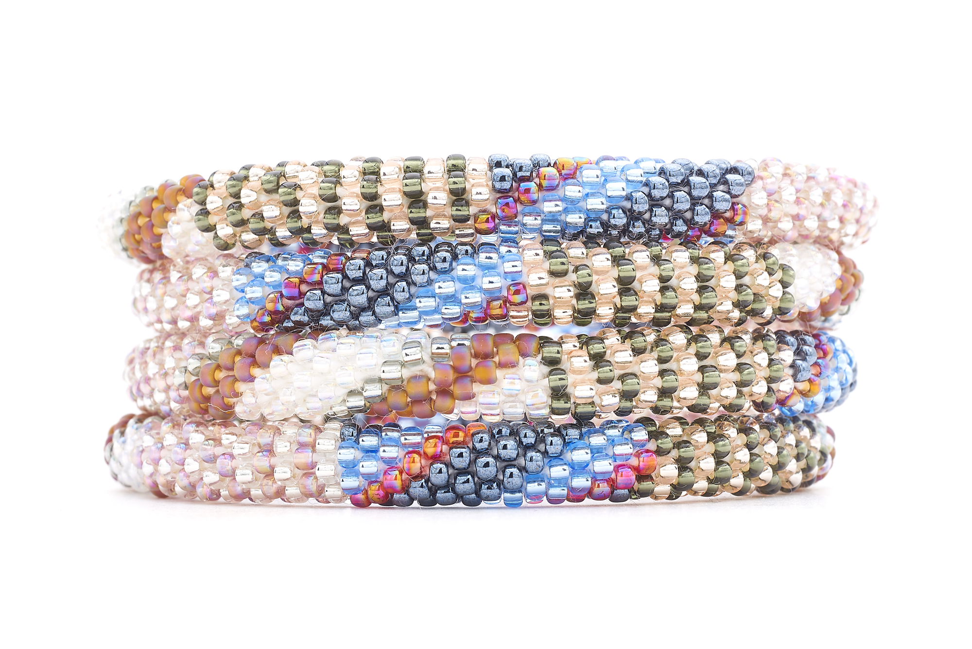Sashka Co. handmade glass beaded friendship bracelet with silver, rose gold, blue, iridescent, and clear glass beads in a mixed pattern. Crafted in Nepal by skilled artisans.