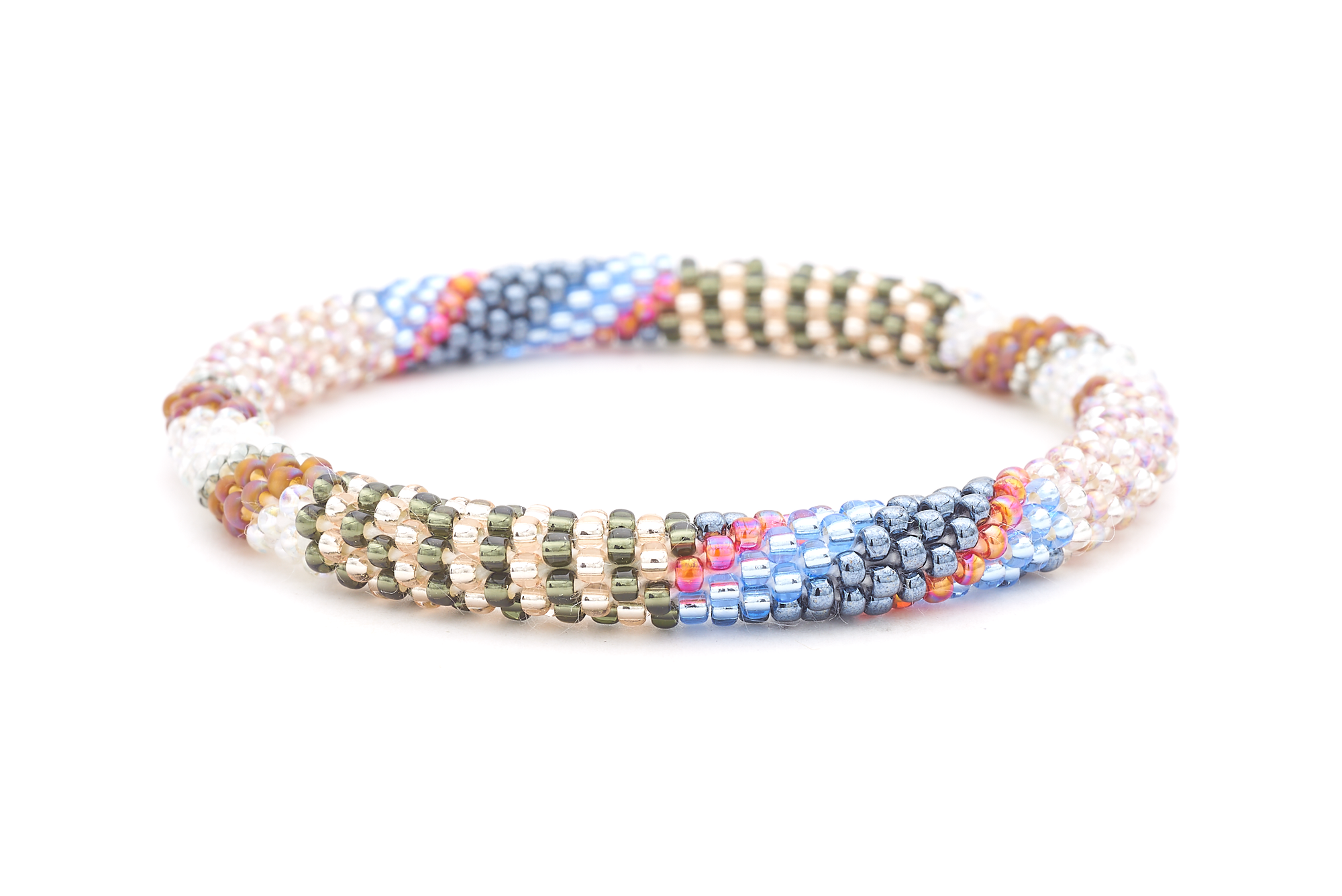 Sashka Co. handmade glass beaded friendship bracelet with silver, rose gold, blue, iridescent, and clear glass beads in a mixed pattern. Crafted in Nepal by skilled artisans.