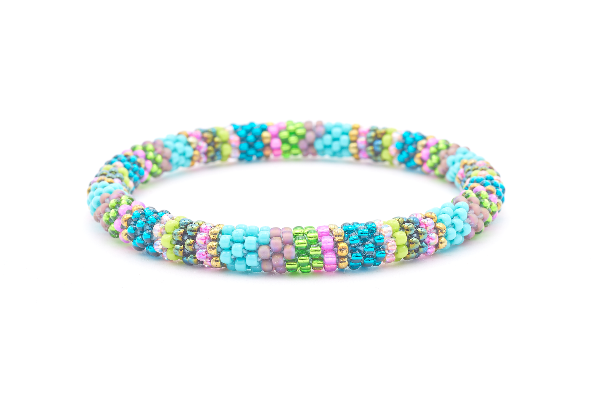 Sashka Co. handmade glass beaded friendship bracelet with teal, green, turquoise, pink, silver, purple, iridescent, and bronze glass beads. Crafted in Nepal by skilled artisans.