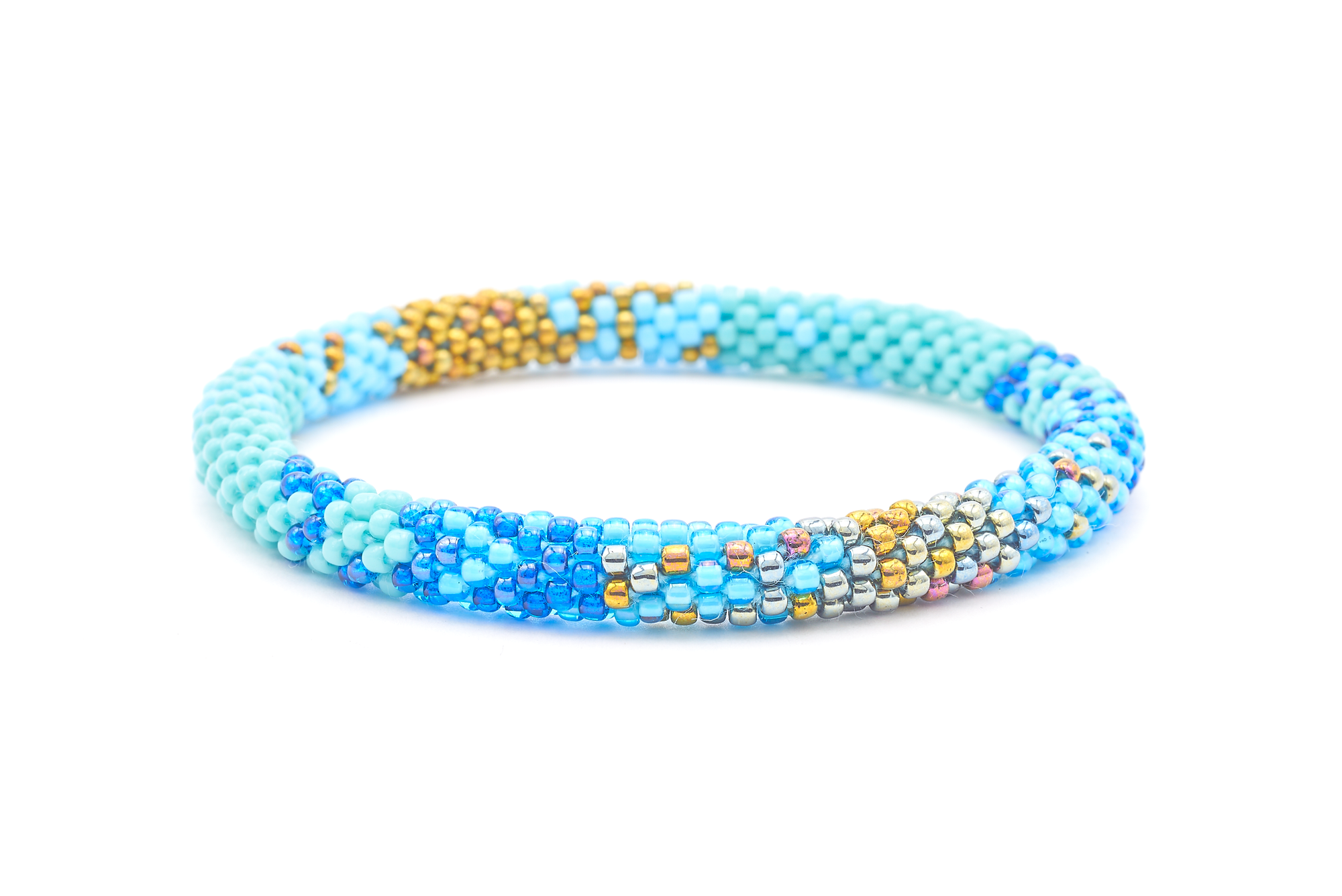 Sashka Co. handmade glass beaded friendship bracelet with turquoise, baby blue, iridescent bronze, blue, and silver glass beads. Crafted in Nepal by skilled artisans.