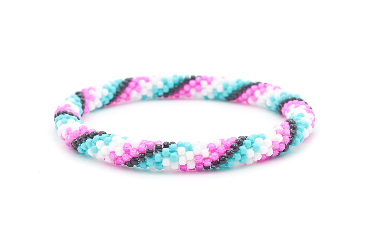 Sashka Co. handmade glass beaded friendship bracelet with turquoise, black, white, and pink glass beads. Crafted in Nepal by skilled artisans.