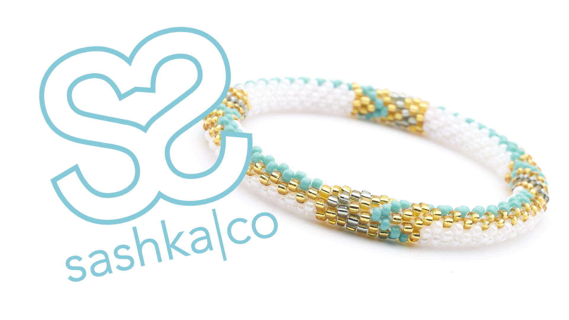 Sashka Co. handmade glass beaded friendship bracelet with turquoise, gold, white, and silver glass beads in a zipper chevron pattern. Crafted in Nepal by skilled artisans.