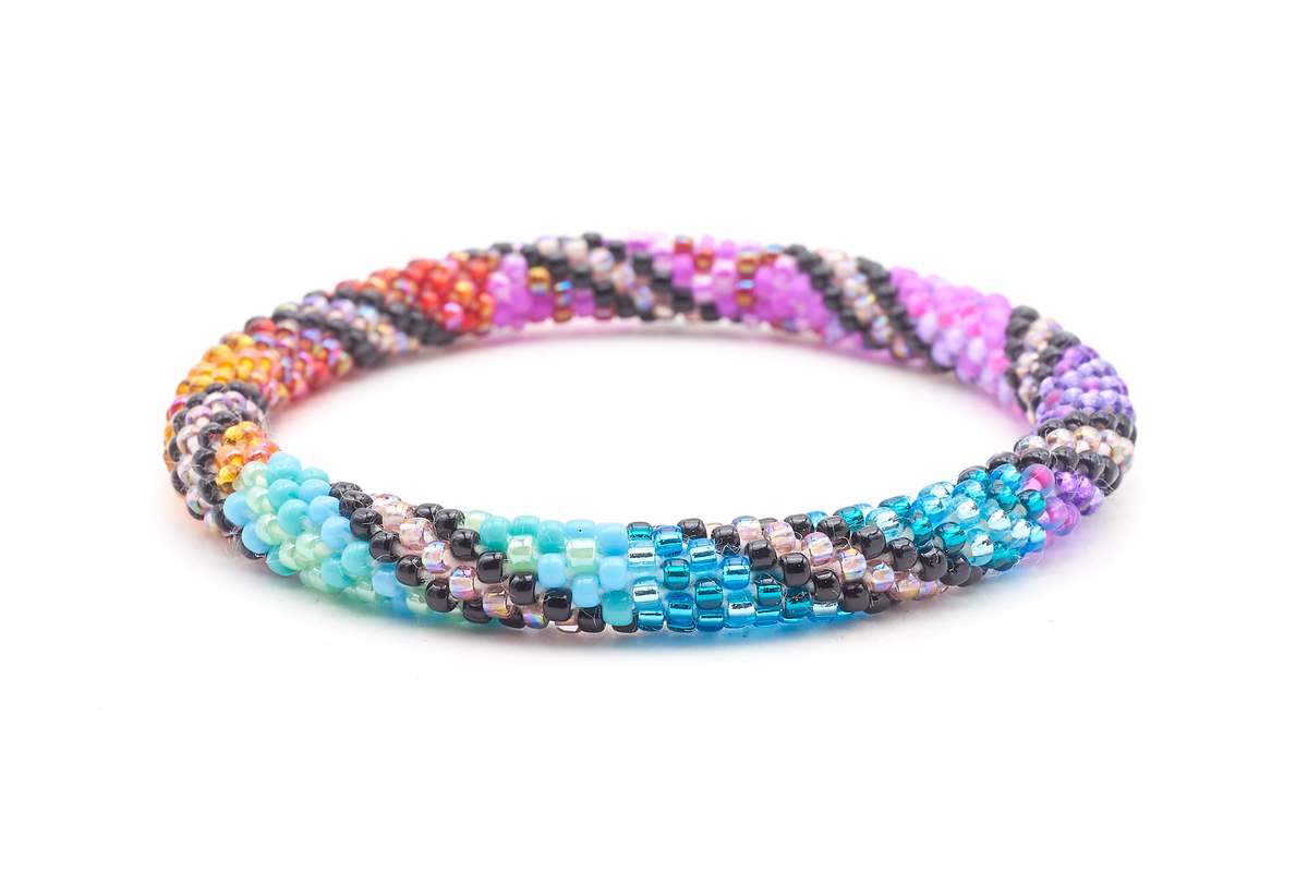 Sashka Co handmade beaded friendship bracelet with turquoise, teal, purple, pink, red, and orange glass beads. Crafted in Nepal by skilled artisans.