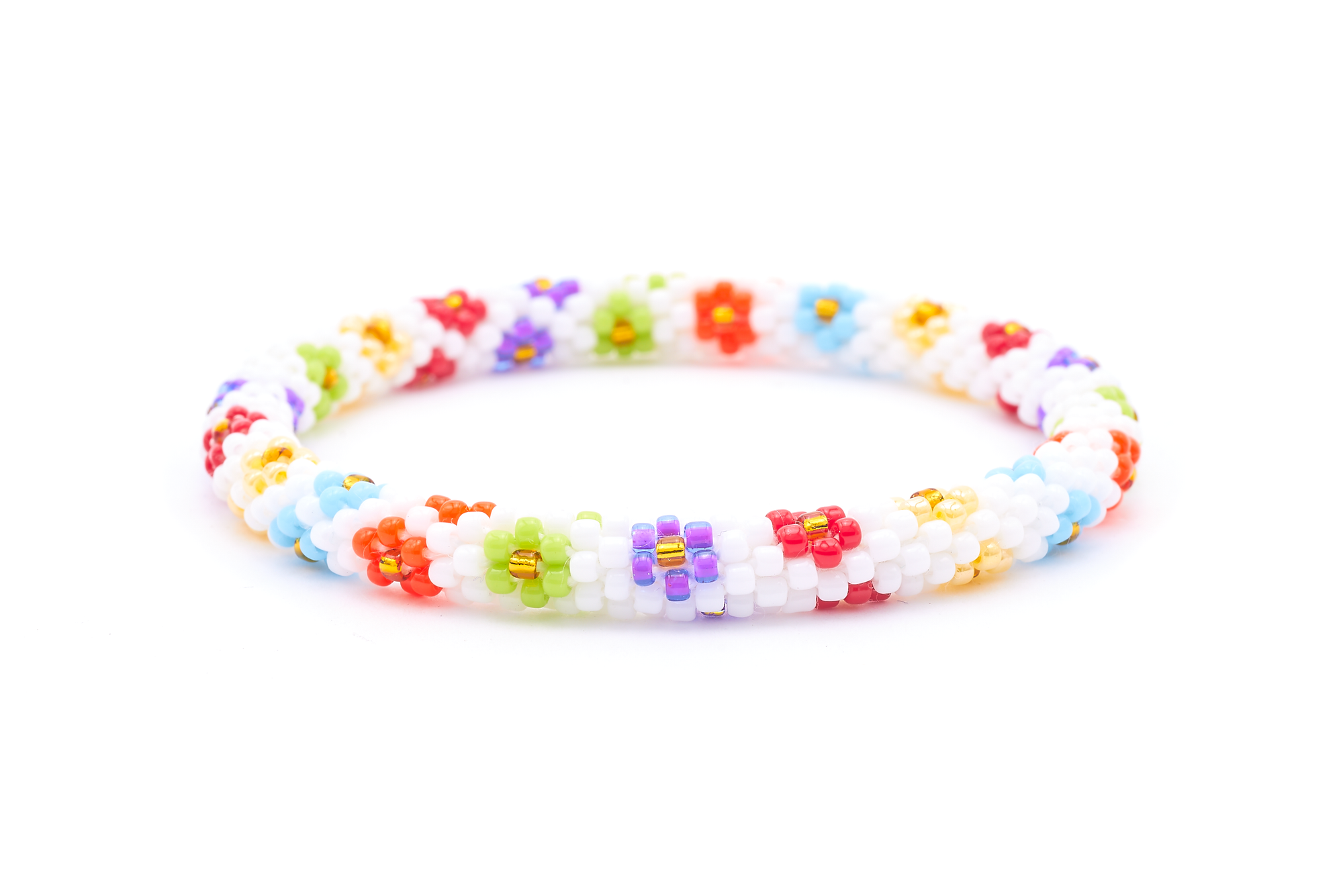 Sashka Co. handmade glass beaded friendship bracelet with white, baby blue, light green, yellow, red, orange, and gold glass beads. Crafted in Nepal by skilled artisans.