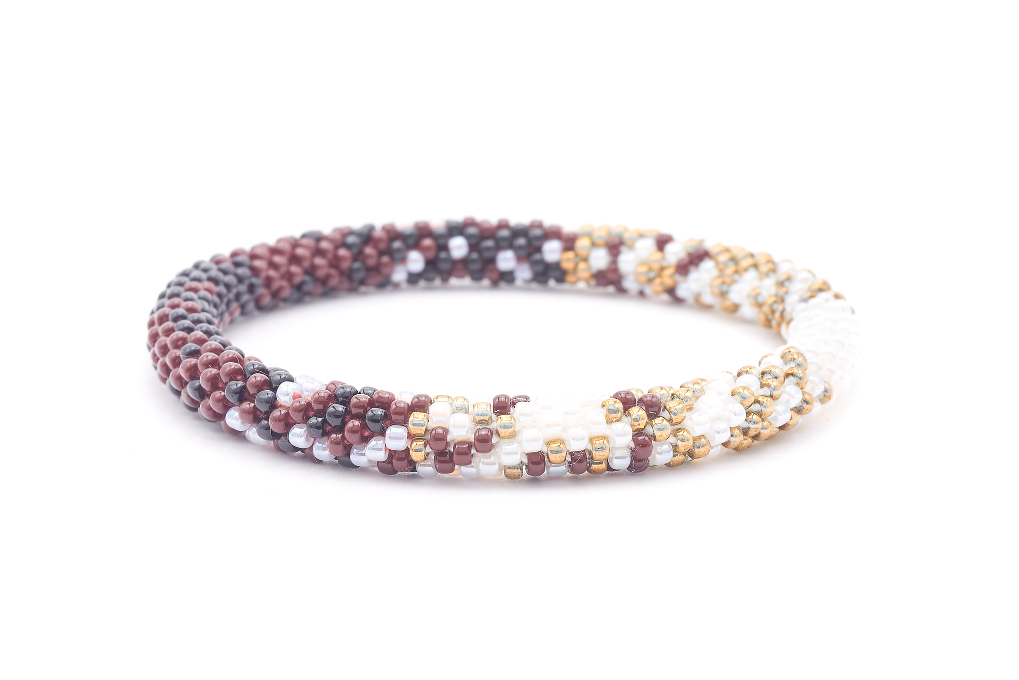 Sashka Co. handmade glass beaded friendship bracelet with white, black, and brown glass beads. Crafted in Nepal by skilled artisans.
