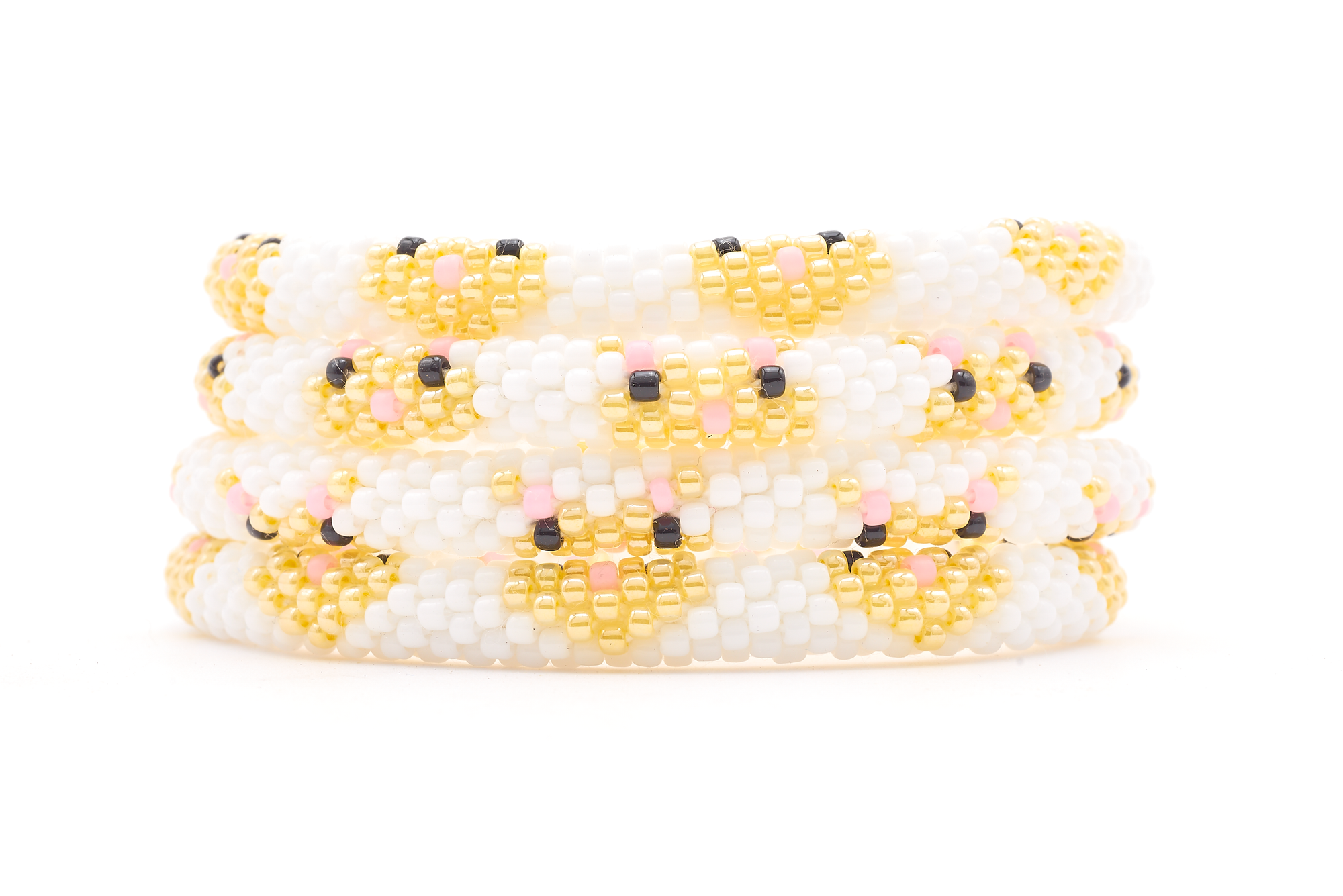 Sashka Co. handmade glass beaded friendship bracelet with white, black, pink, and yellow glass beads. Crafted in Nepal by skilled artisans.