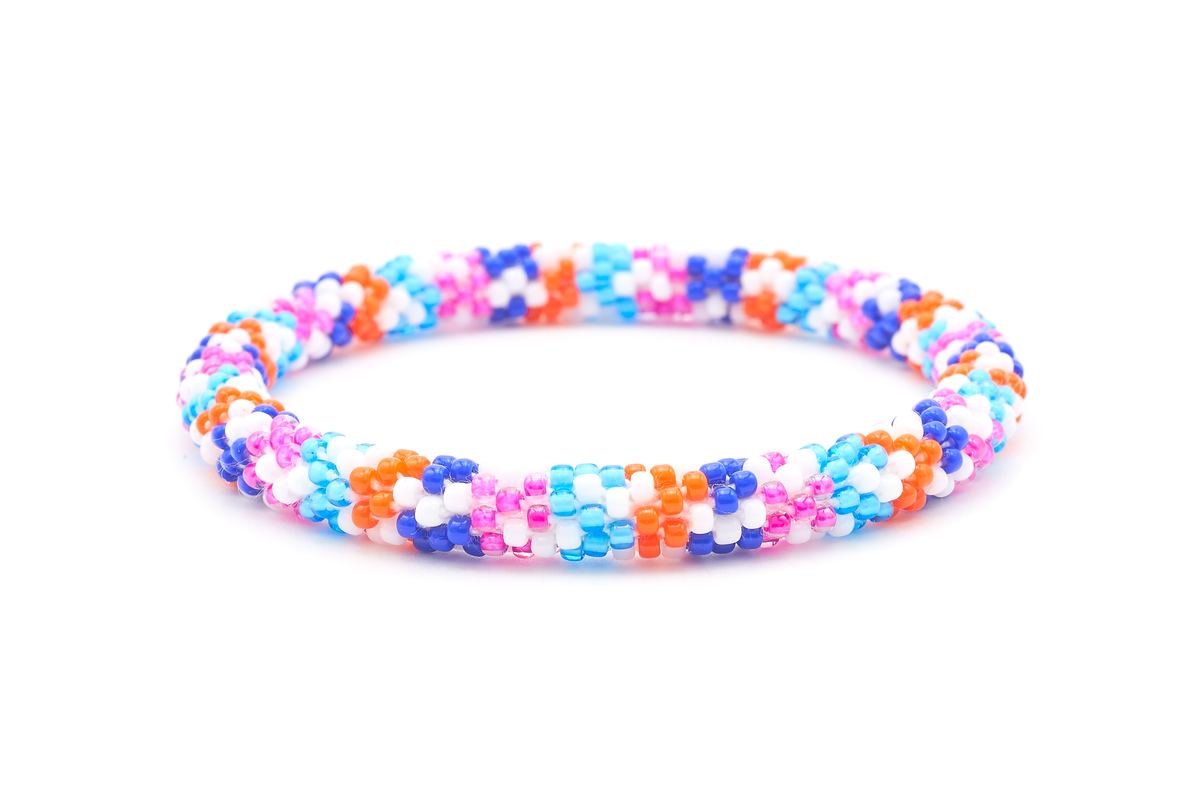 Sashka Co. handmade glass beaded friendship bracelet with white, blue, orange, and pink glass beads. Crafted in Nepal by skilled artisans.