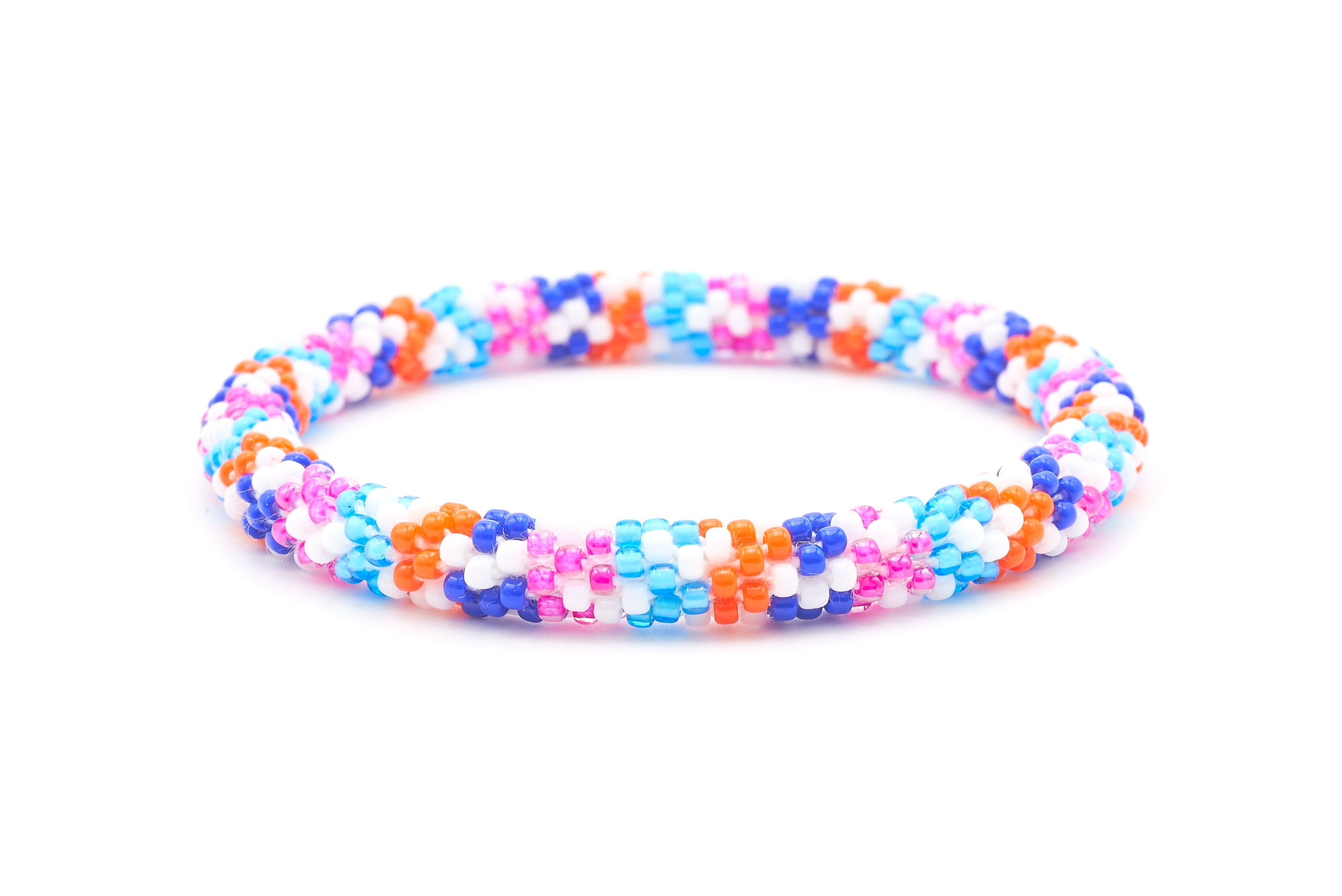 Sashka Co. handmade glass beaded friendship bracelet with white, blue, orange, and pink glass beads. Crafted in Nepal by skilled artisans.