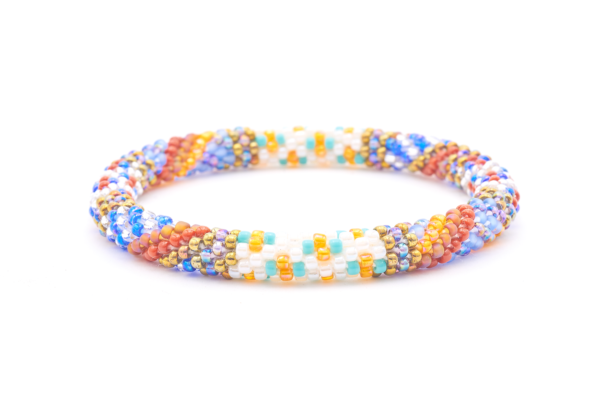 Sashka Co. handmade glass beaded friendship bracelet with white, brick red, bronze, turquoise, blue, orange, purple, iridescent, and clear glass beads. Crafted in Nepal by skilled artisans.