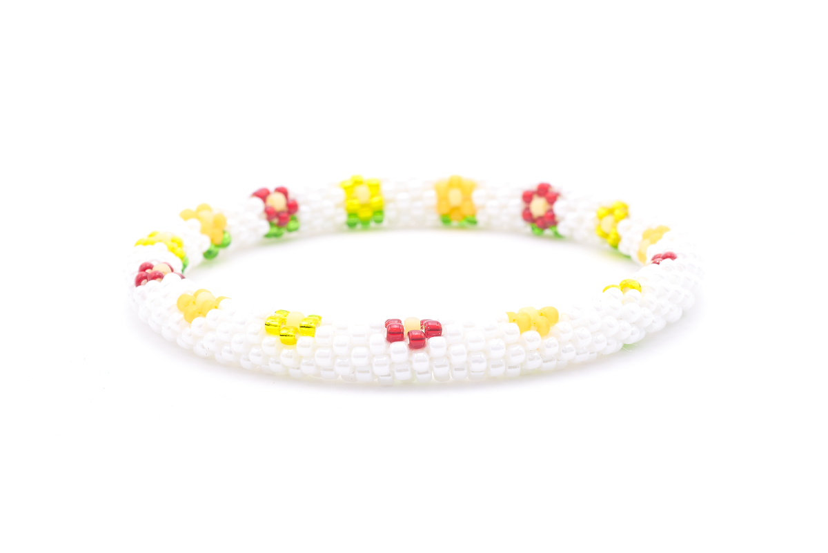 Sashka Co. handmade glass beaded friendship bracelet with white, green, lime, yellow, and red glass beads. Crafted in Nepal by skilled artisans.