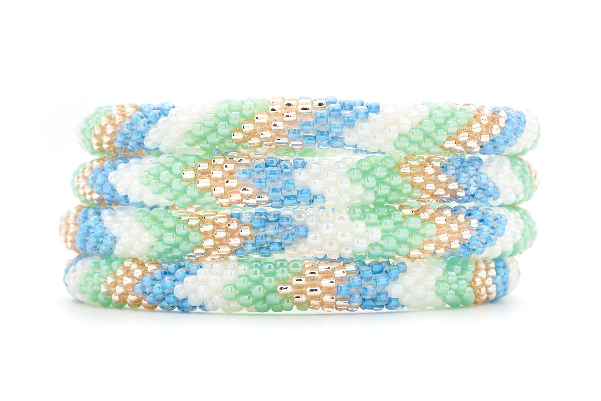 Sashka Co. handmade glass beaded friendship bracelet with white, mint, blue, and rose gold glass beads in a chevron pattern. Crafted in Nepal by skilled artisans.