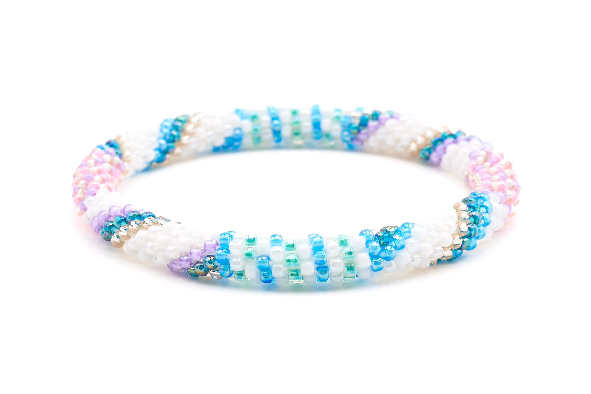 Sashka Co handmade beaded friendship bracelet with white, pink, purple, blue, rose gold, and teal glass beads. Crafted in Nepal by skilled artisans.