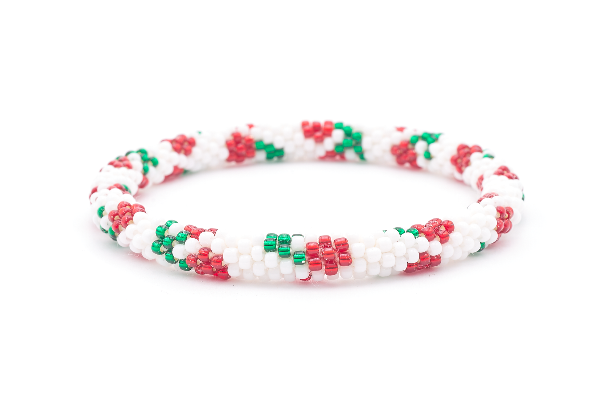 Sashka Co. handmade glass beaded friendship bracelet with white, red, and green glass beads in a mixed pattern. Crafted in Nepal by skilled artisans.