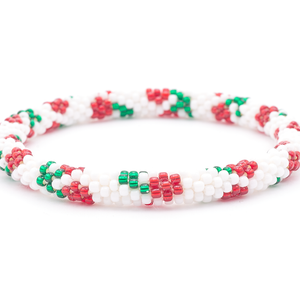 Sashka Co. handmade glass beaded friendship bracelet with white, red, and green glass beads in a mixed pattern. Crafted in Nepal by skilled artisans.