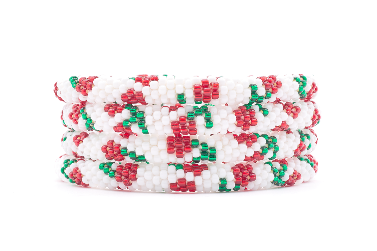 Sashka Co. handmade glass beaded friendship bracelet with white, red, and green glass beads in a mixed pattern. Crafted in Nepal by skilled artisans.