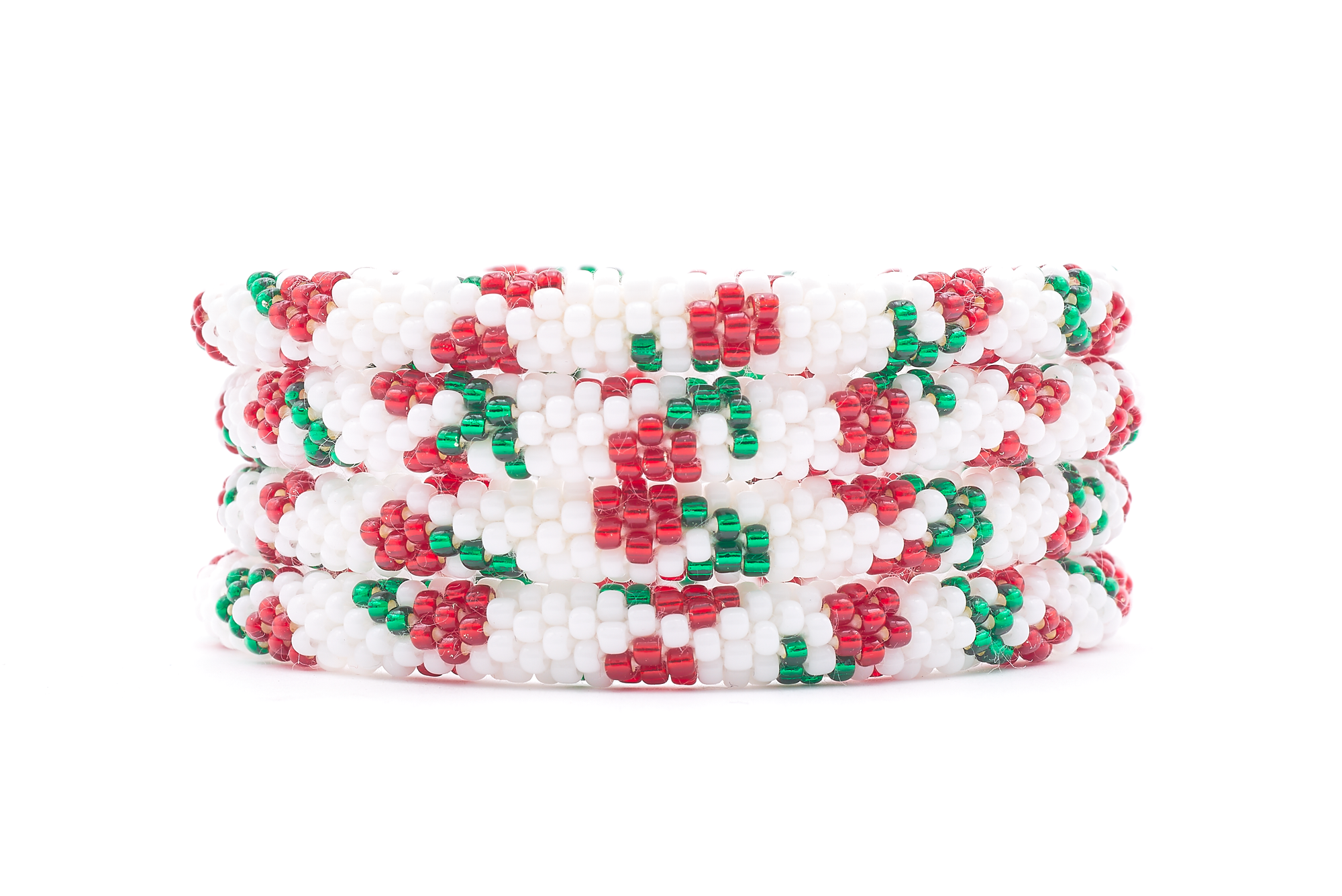 Sashka Co. handmade glass beaded friendship bracelet with white, red, and green glass beads in a mixed pattern. Crafted in Nepal by skilled artisans.