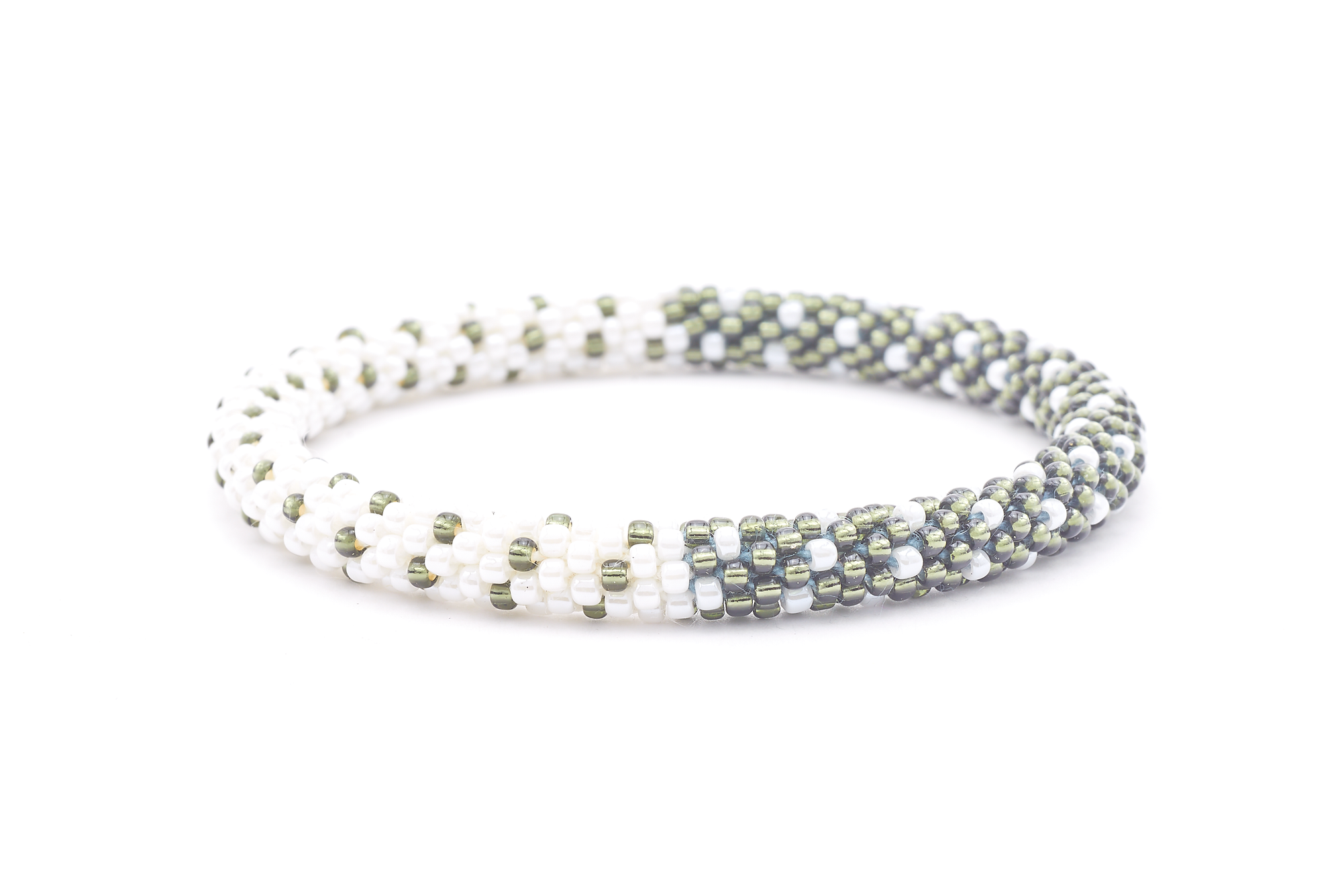 Sashka Co. handmade glass beaded friendship bracelet with white and silver glass beads. Crafted in Nepal by skilled artisans.