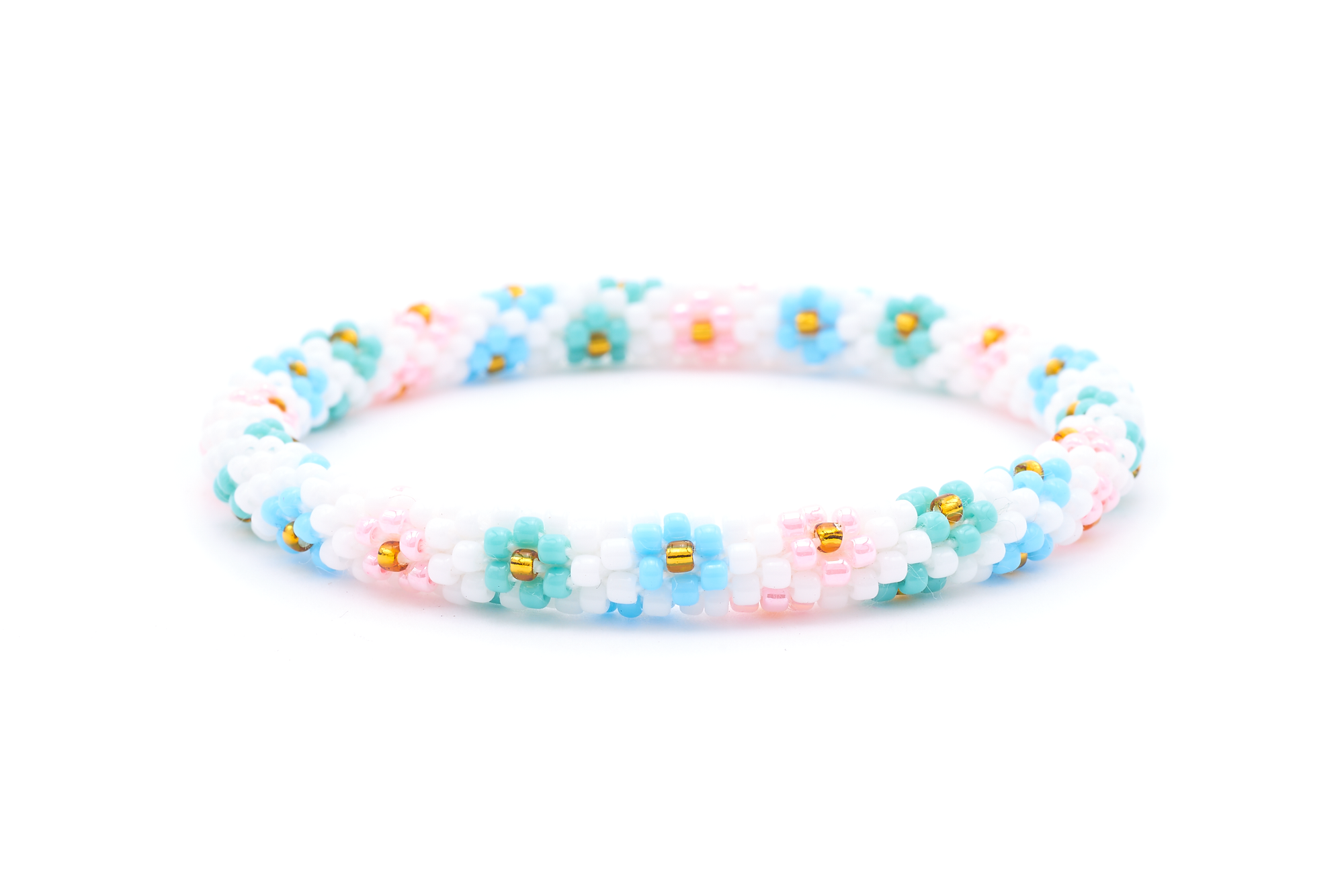 Sashka Co. handmade glass beaded friendship bracelet with white, turquoise, baby blue, pink, and gold glass beads. Crafted in Nepal by skilled artisans.