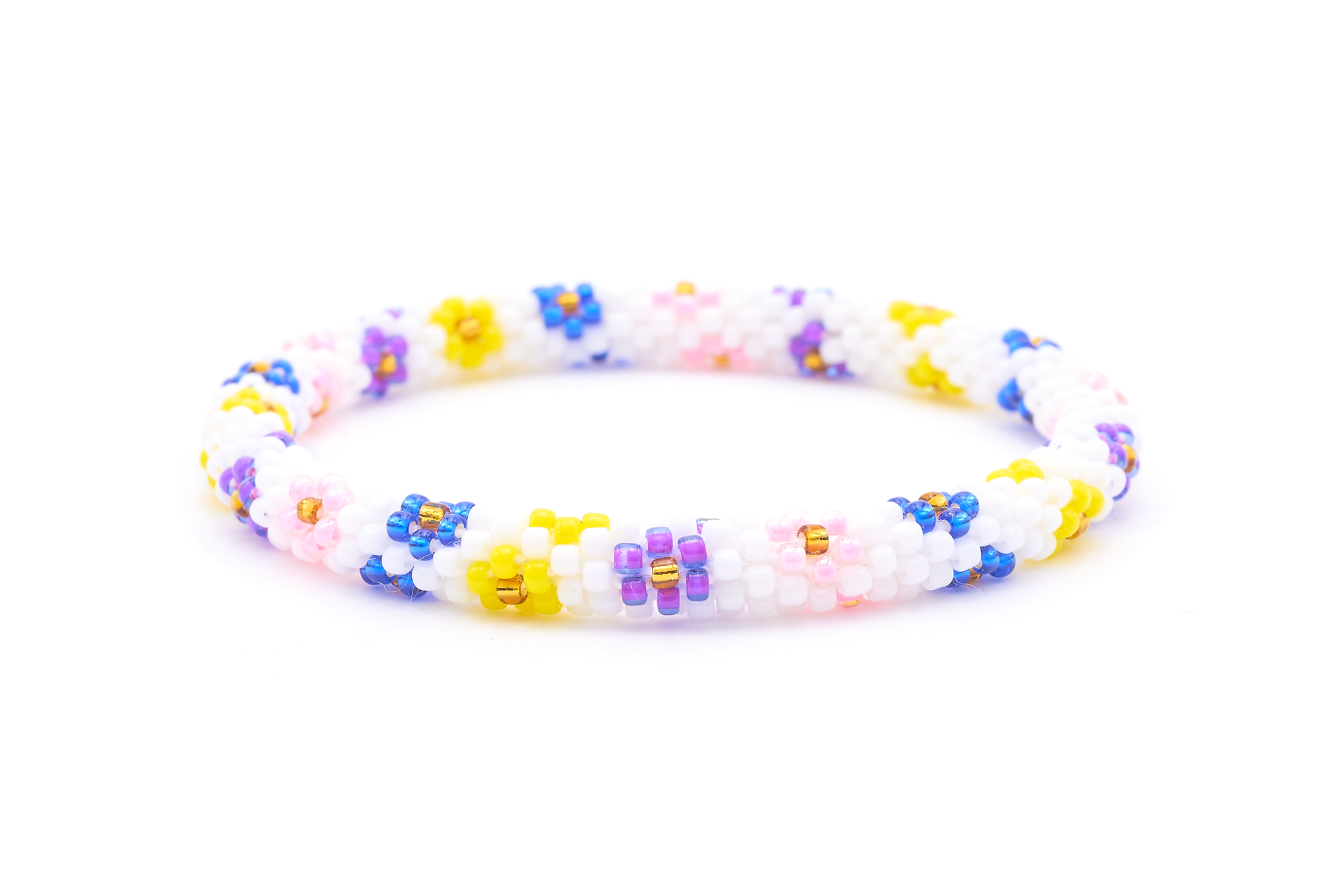 Sashka Co. handmade glass beaded friendship bracelet with white, yellow, blue, pink, purple, and gold glass beads. Crafted in Nepal by skilled artisans.