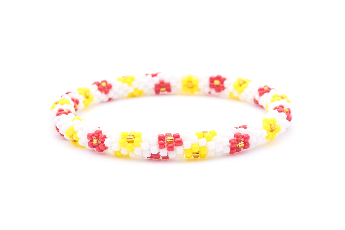 Sashka Co. handmade glass beaded friendship bracelet with white, yellow, red, and gold glass beads. Crafted in Nepal by skilled artisans.