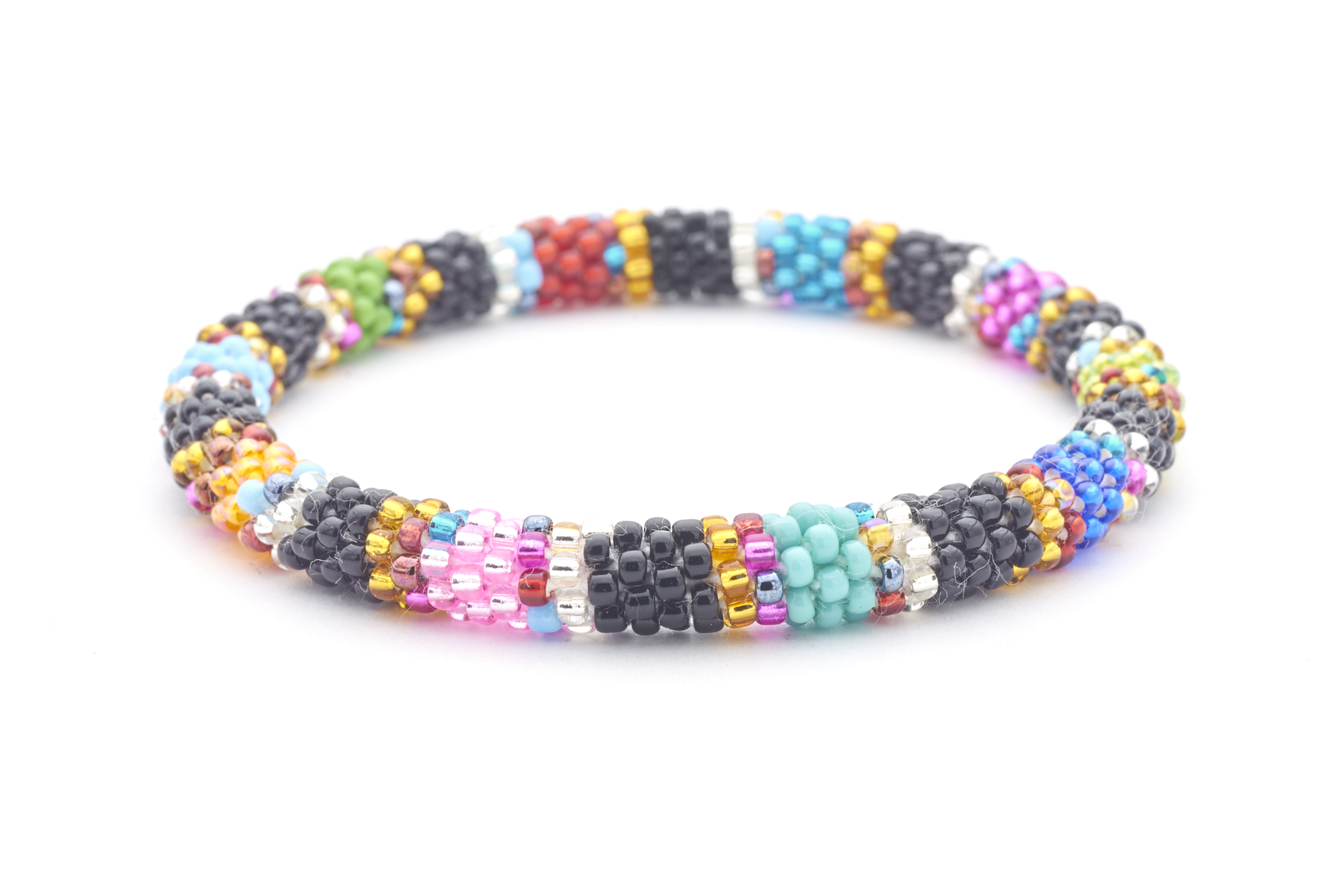 Sashka Co handmade beaded friendship bracelet with black, blue, pink, green, gold, red, and orange glass beads. Crafted in Nepal by skilled artisans in a block line pattern.