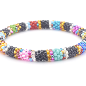 Sashka Co handmade beaded friendship bracelet with black, blue, pink, green, gold, red, and orange glass beads. Crafted in Nepal by skilled artisans in a block line pattern.