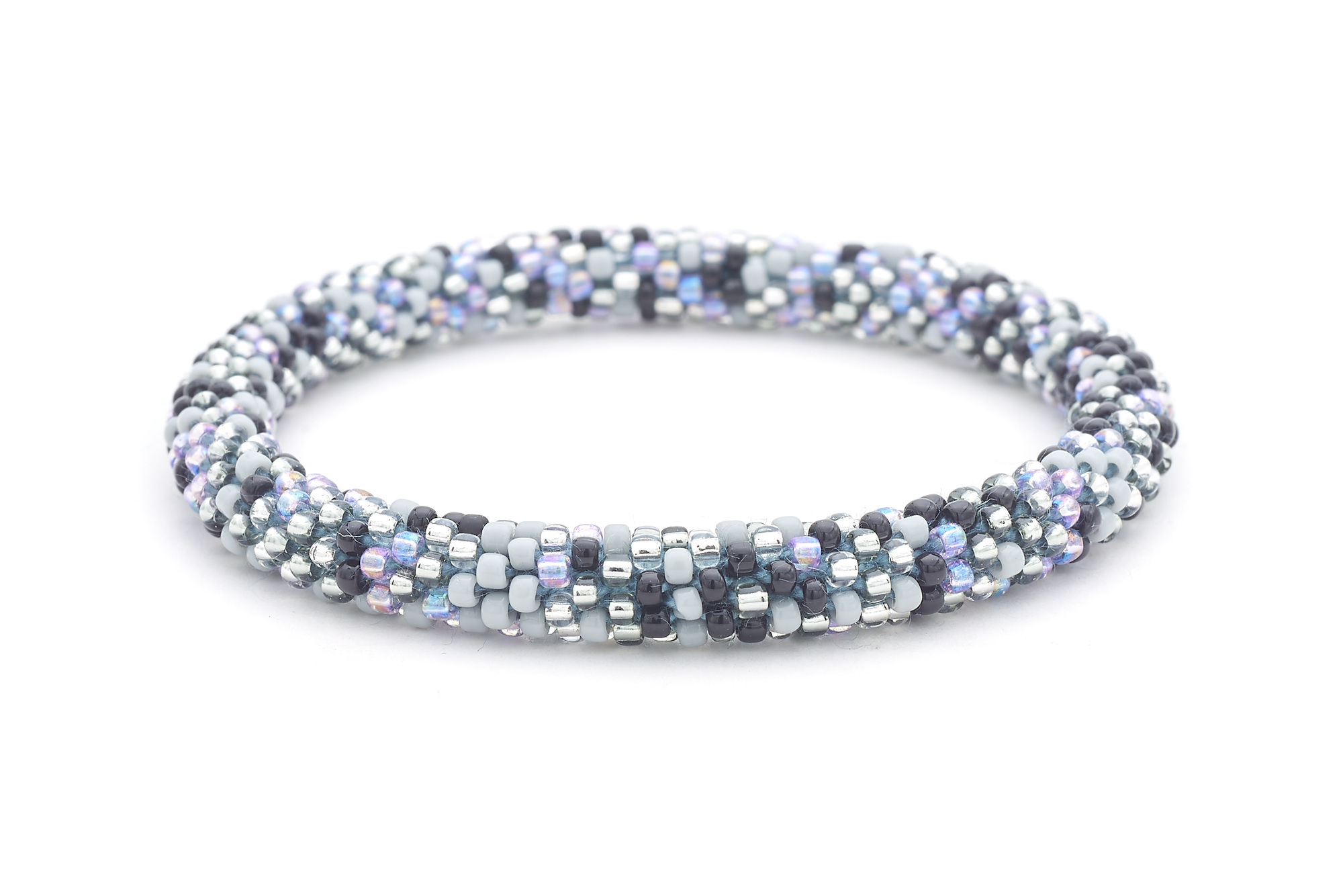 Sashka Co handmade beaded friendship bracelet with black, gray, clear, and iridescent light purple confetti pattern. Crafted in Nepal.

