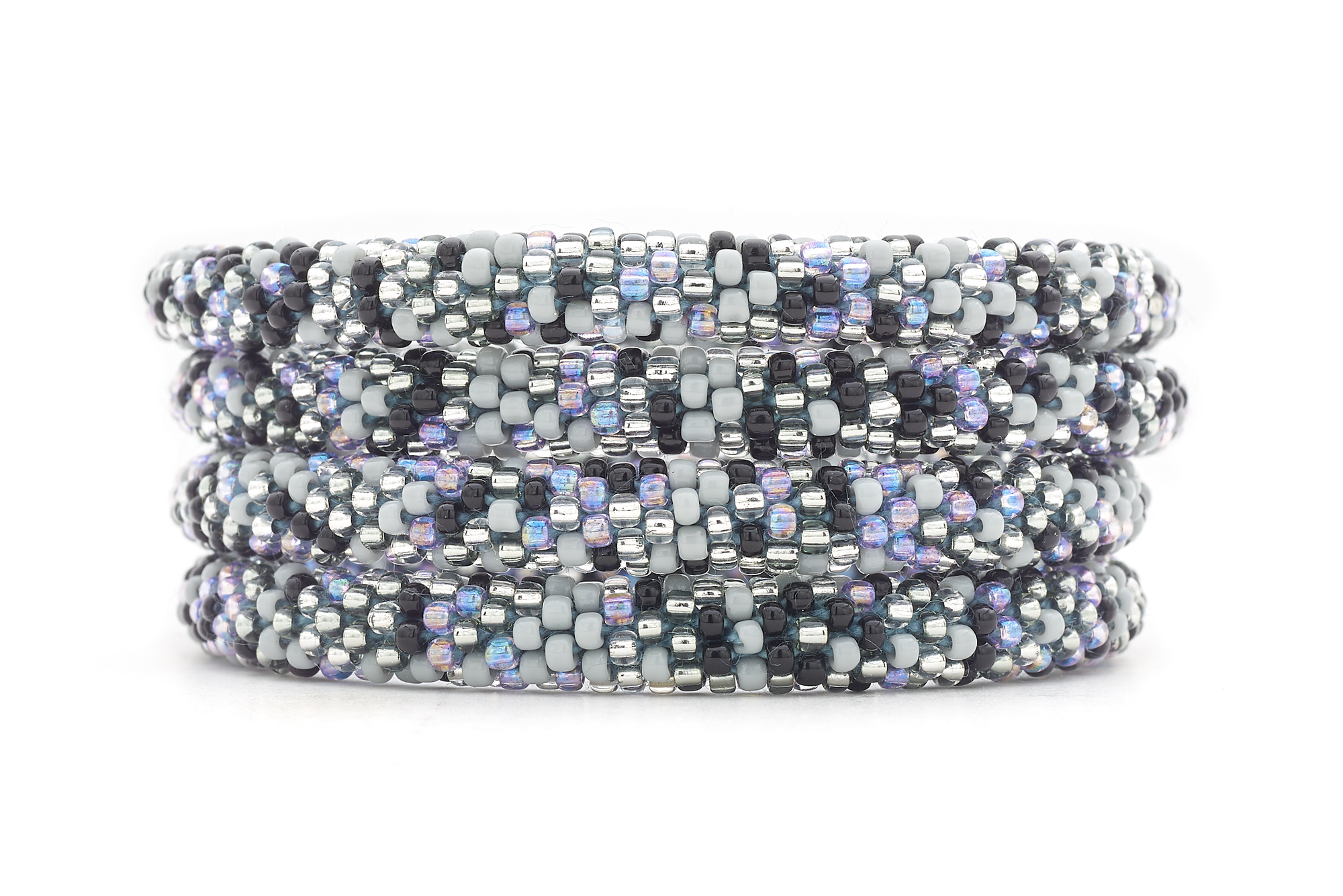 Sashka Co handmade beaded friendship bracelet with black, gray, clear, and iridescent light purple confetti pattern. Crafted in Nepal.

