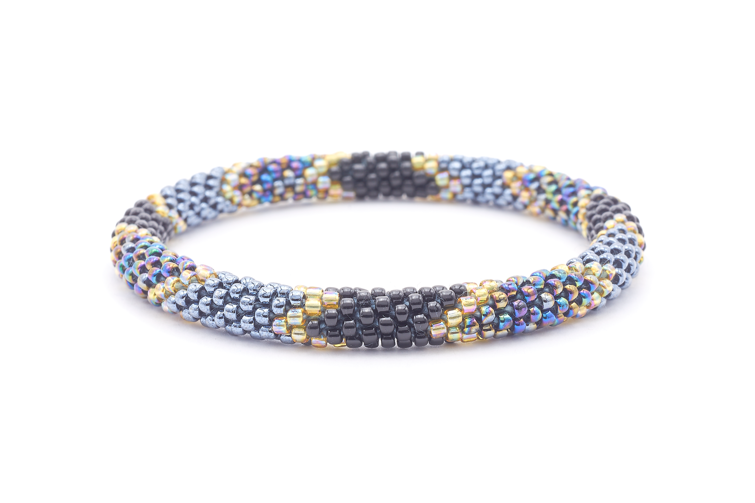 Sashka Co. handmade beaded friendship bracelet with black, iridescent, silver, and iridescent tan chevron pattern. Crafted in Nepal by skilled artisans.