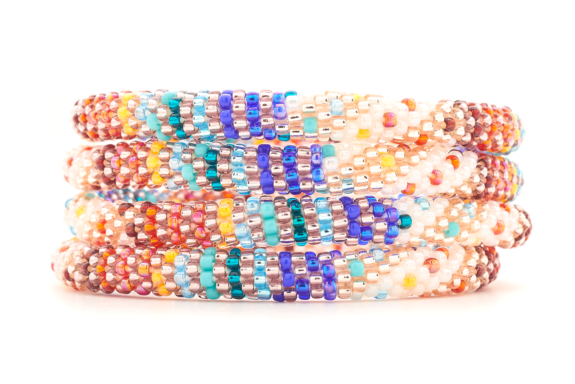Sashka Co handmade beaded friendship bracelet with a colorful line spiral pattern in white, red, orange, blue, rose gold, teal, and turquoise.

