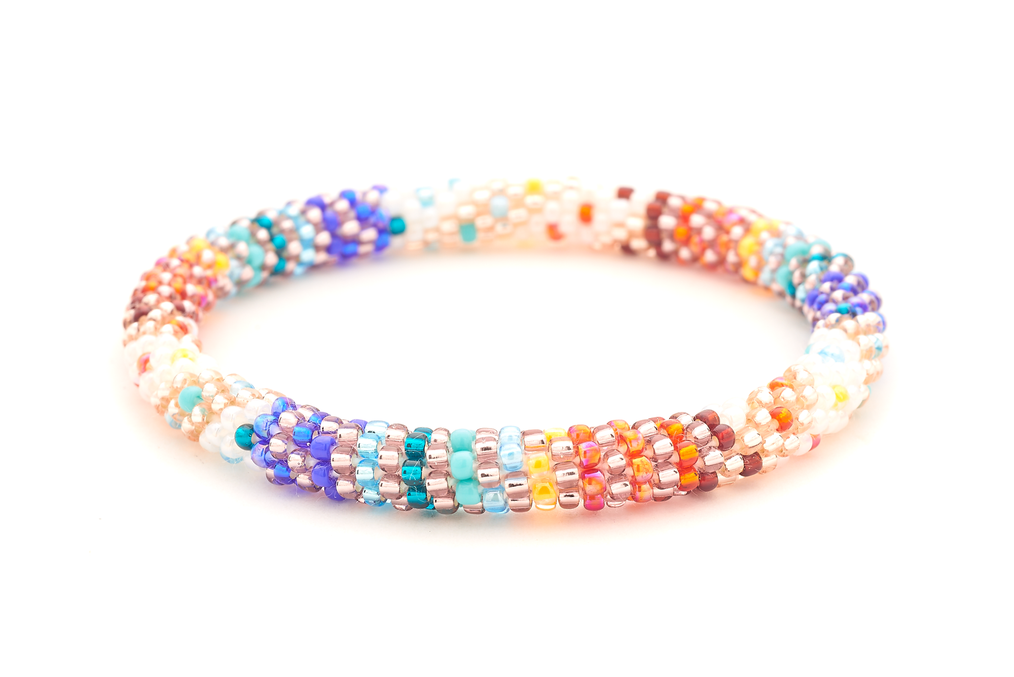 Sashka Co handmade beaded friendship bracelet with a colorful line spiral pattern in white, red, orange, blue, rose gold, teal, and turquoise.

