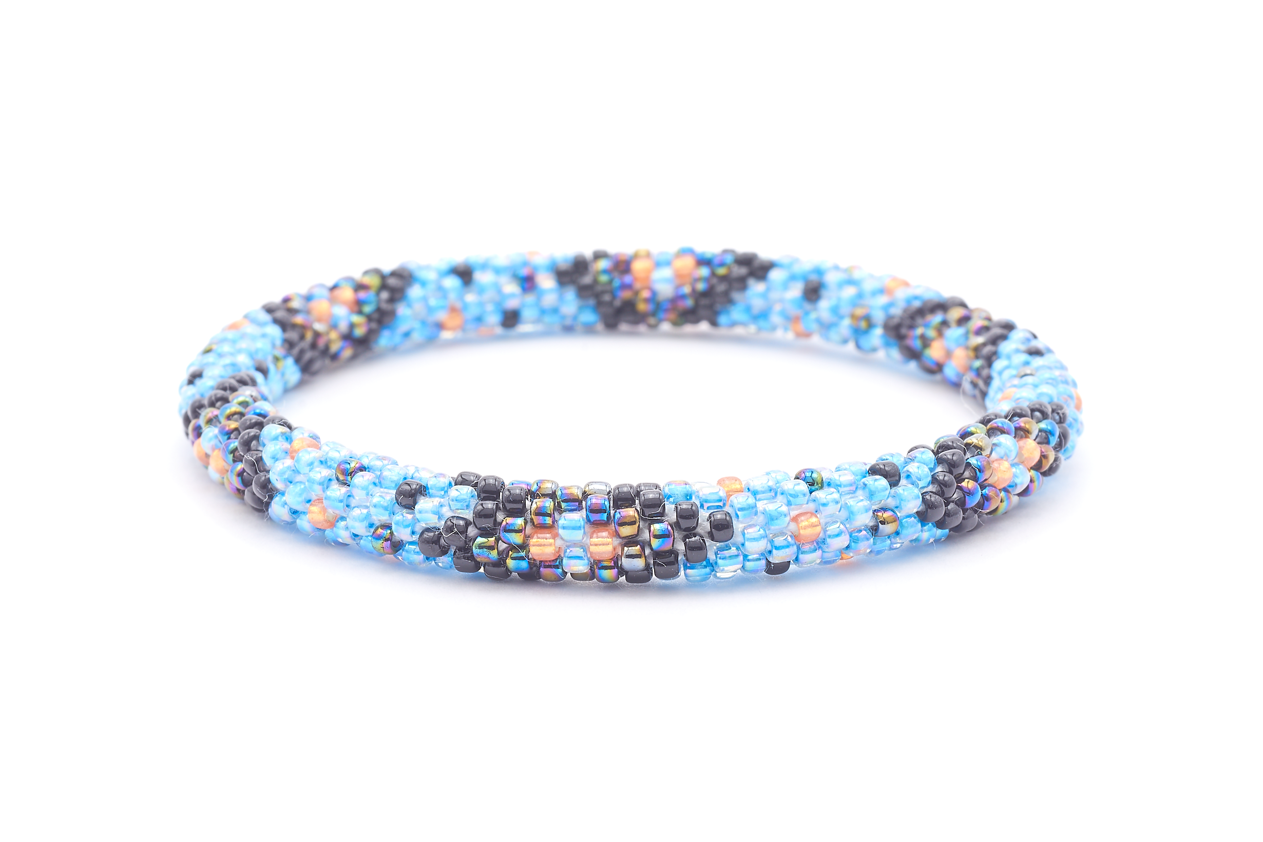 Sashka Co. handmade beaded friendship bracelet with blue, black, orange, and iridescent chevron polka dot pattern. Crafted in Nepal by skilled artisans.