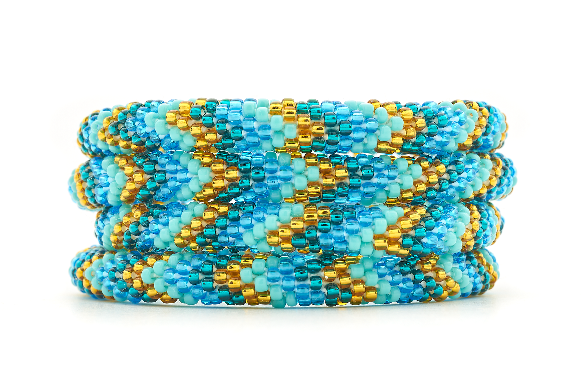 Sashka Co handmade beaded friendship bracelet with blue, gold, teal, and turquoise glass beads. Crafted in Nepal by skilled artisans in a chevron pattern.