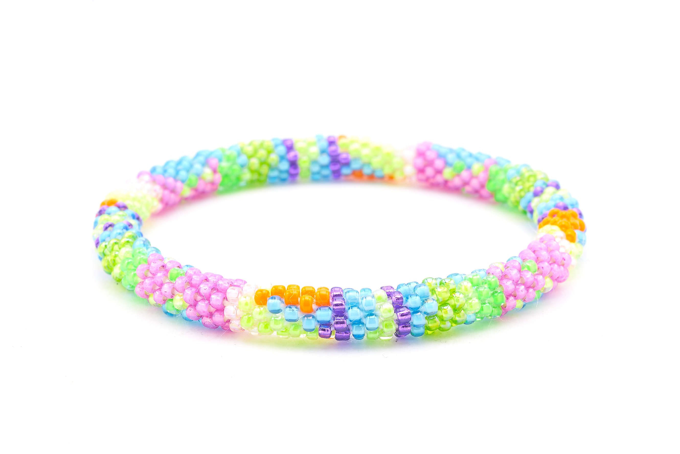 Sashka Co handmade beaded friendship bracelet with blue, green, pink, orange, and purple glass beads. Crafted in Nepal by skilled artisans in a line mixed pattern.