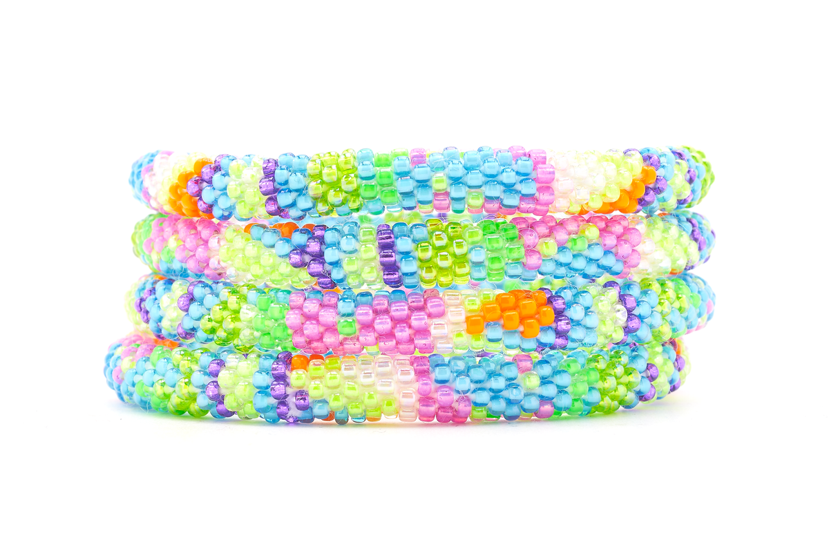 Sashka Co handmade beaded friendship bracelet with blue, green, pink, orange, and purple glass beads. Crafted in Nepal by skilled artisans in a line mixed pattern.