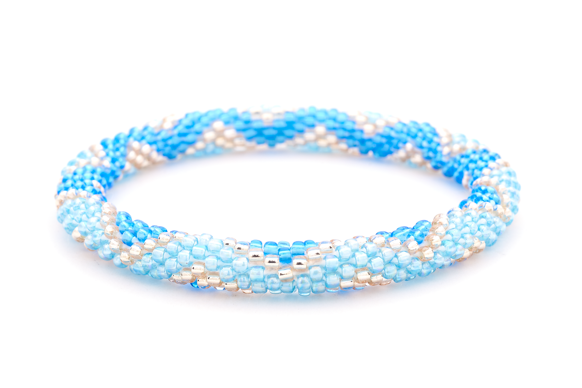 Sashka Co handmade beaded friendship bracelet with blue, light blue, and rose gold glass beads. Crafted in Nepal by skilled artisans.