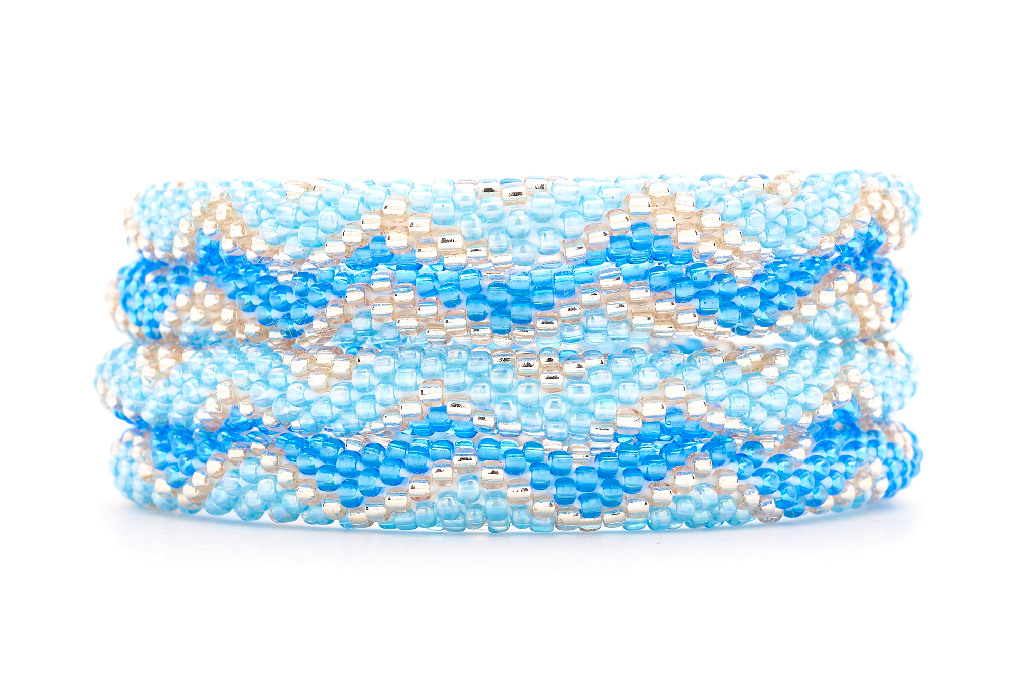 Sashka Co handmade beaded friendship bracelet with blue, light blue, and rose gold glass beads. Crafted in Nepal by skilled artisans.
