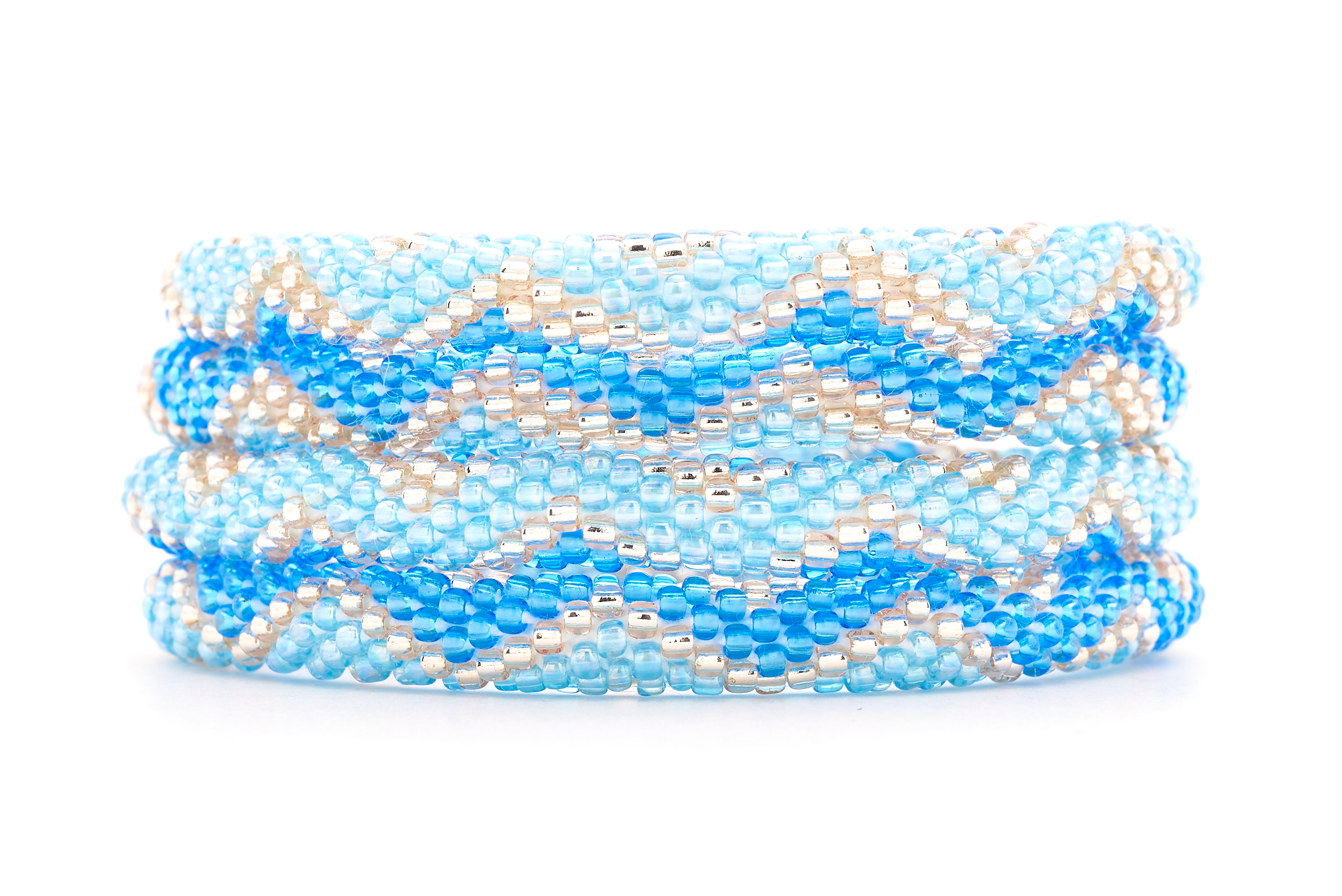 Sashka Co handmade beaded friendship bracelet with blue, light blue, and rose gold glass beads. Crafted in Nepal by skilled artisans.
