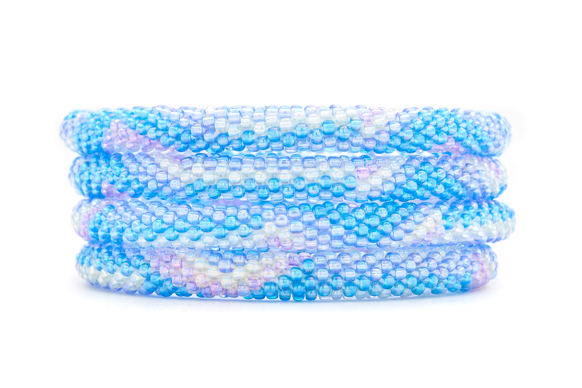 Sashka Co handmade beaded friendship bracelet with blue, purple, and clear zipper zigzag pattern. Crafted in Nepal by skilled artisans.