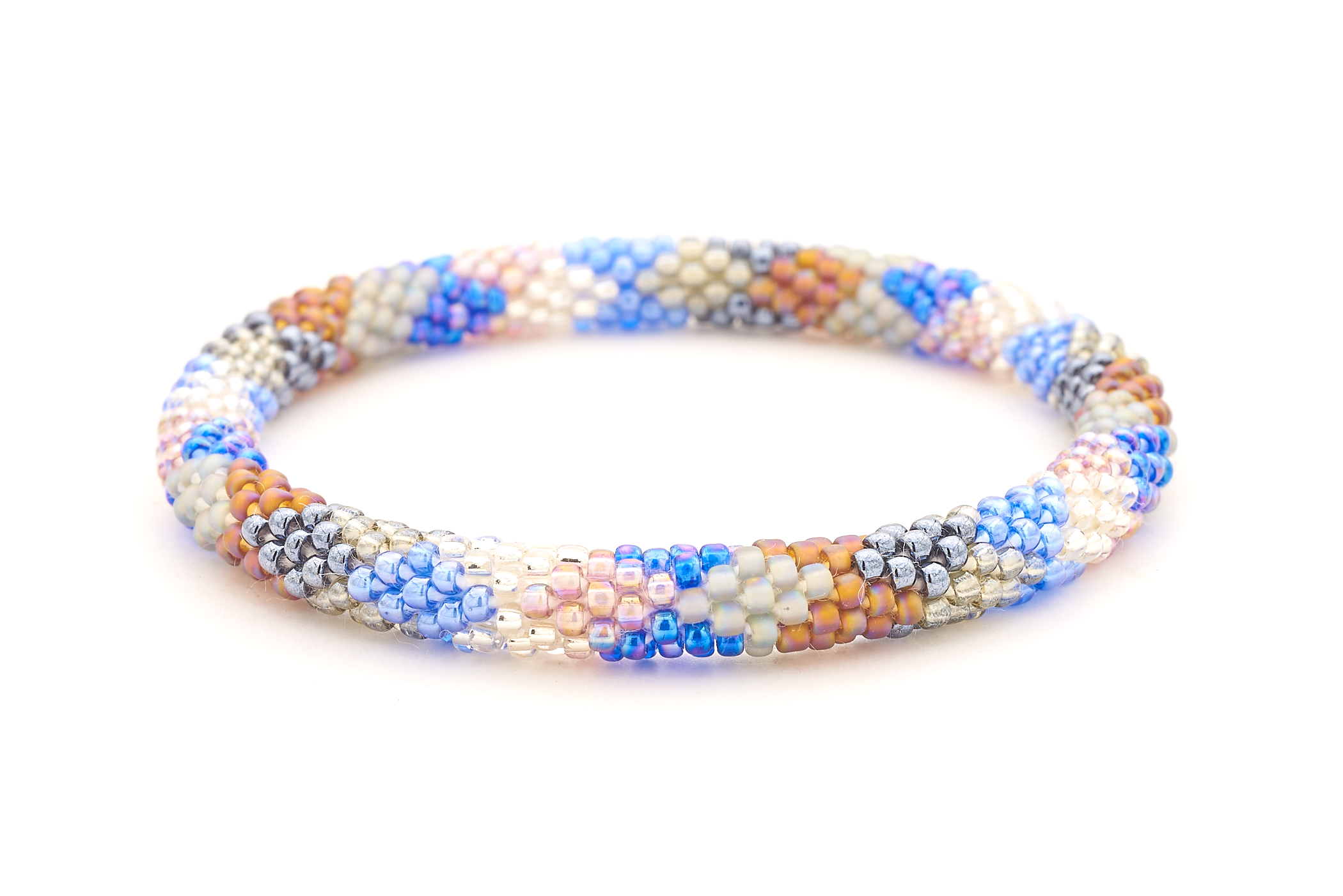 Handmade glass bead  Blue , Silver, Clear , Brown , Gray, Light Purple bracelet from Nepal, featuring a roll design. Also known as a beaded bracelet, seed bead bracelet, beach glass bracelet, or sea glass bracelet
