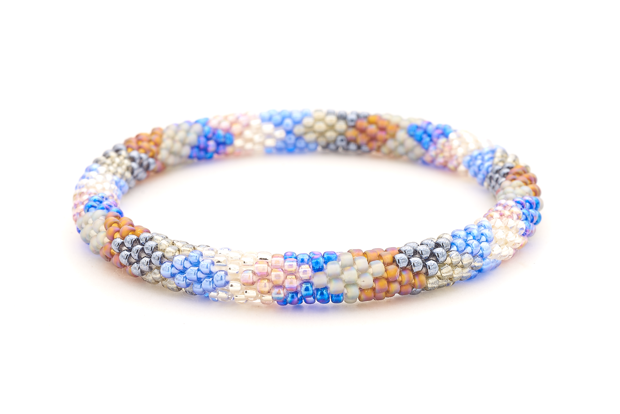 Sashka Co handmade beaded friendship bracelet with blue, silver, clear, brown, gray, and mauve glass beads. Crafted in Nepal by skilled artisans.