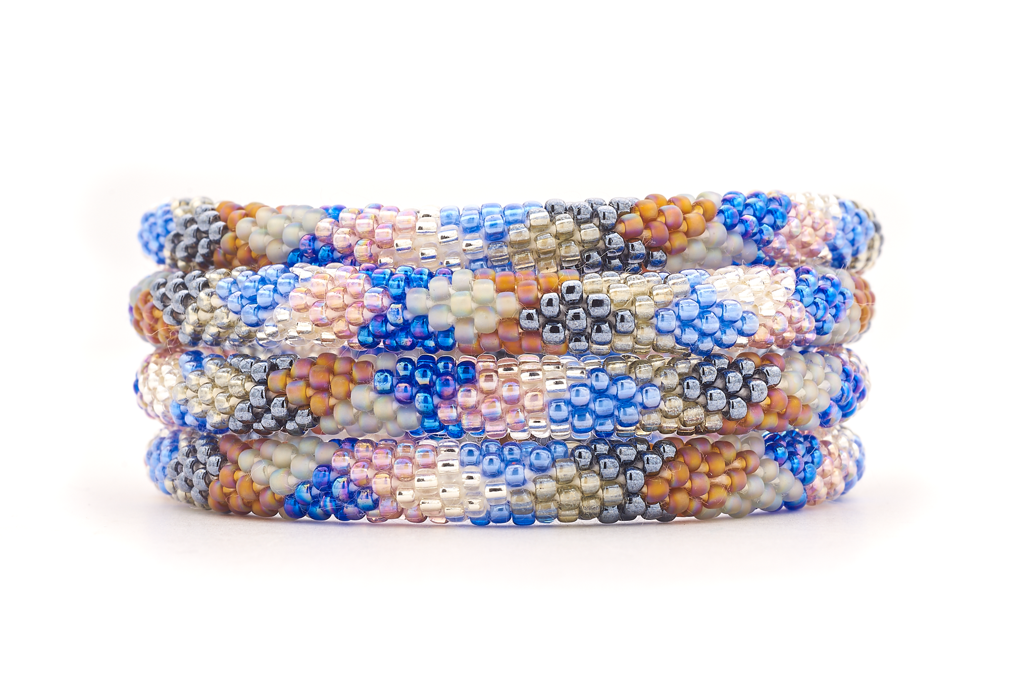 Sashka Co handmade beaded friendship bracelet with blue, silver, clear, brown, gray, and mauve glass beads. Crafted in Nepal by skilled artisans.