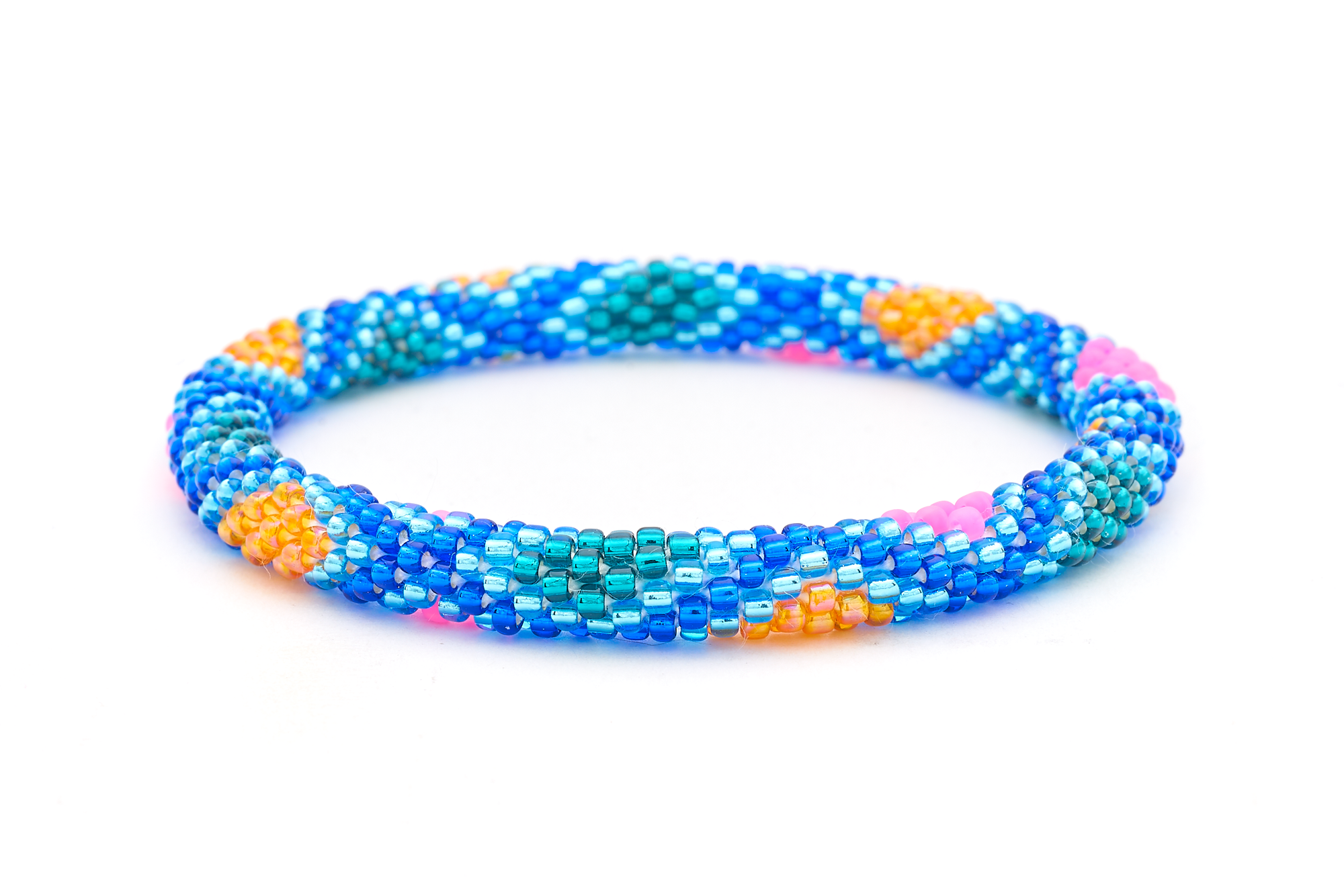 Sashka Co handmade beaded friendship bracelet with blue, teal, neon pink, and orange glass beads. Crafted in Nepal by skilled artisans in a diamond pattern.
