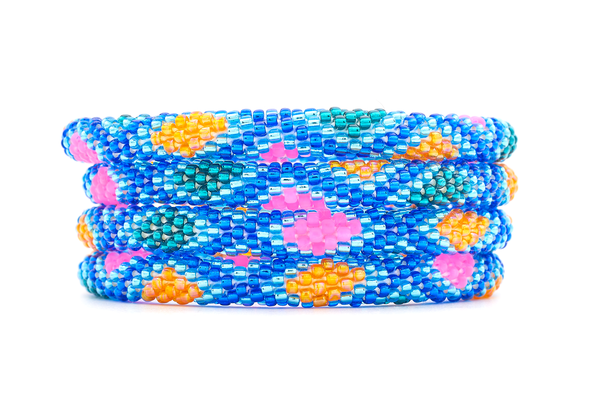 Sashka Co handmade beaded friendship bracelet with blue, teal, neon pink, and orange glass beads. Crafted in Nepal by skilled artisans in a diamond pattern.