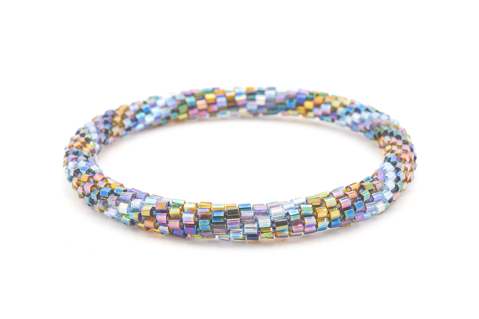 Sashka Co handmade beaded friendship bracelet with iridescent spiral beads in brown, gold, green, blue, purple, and clear. Artisan-made in Nepal.