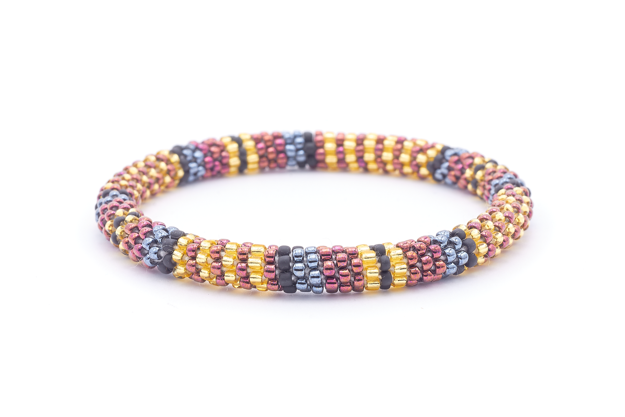 Sashka Co. handmade beaded friendship bracelet with champagne gold, matte black, silver, and iridescent maroon line pattern. Crafted in Nepal by skilled artisans.