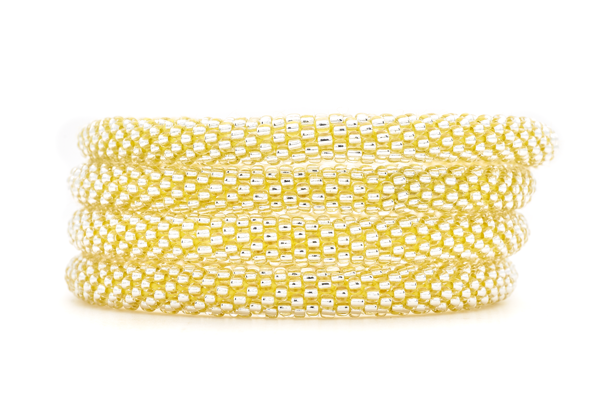 Sashka Co handmade beaded friendship bracelet with clear beads and yellow thread. Crafted in Nepal by skilled artisans in a solid pattern.