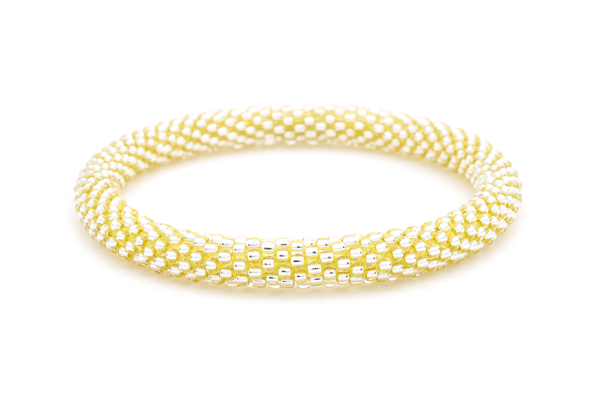 Sashka Co handmade beaded friendship bracelet with clear beads and yellow thread. Crafted in Nepal by skilled artisans in a solid pattern.